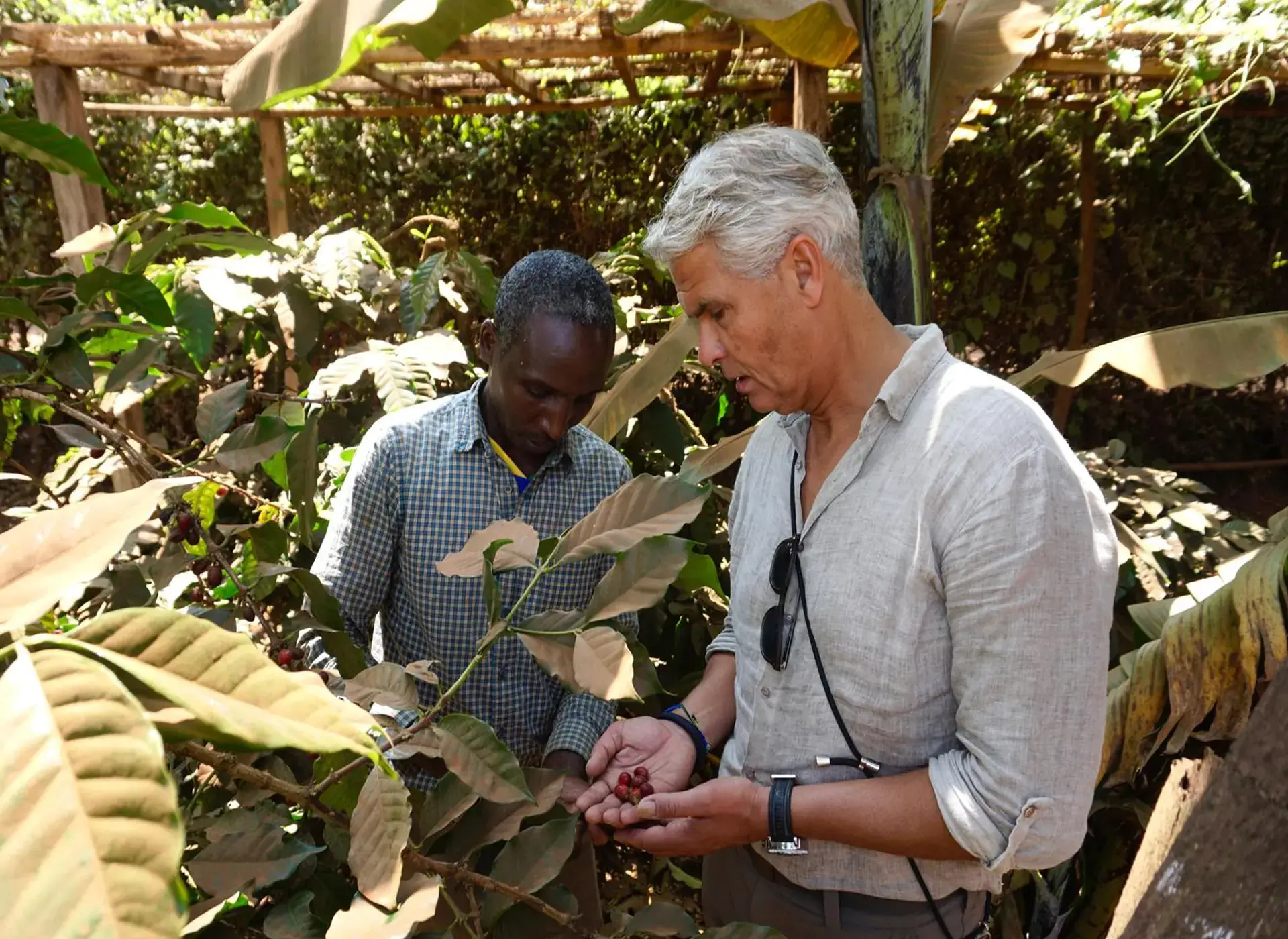 Ronny met koffieboer op de plantage
